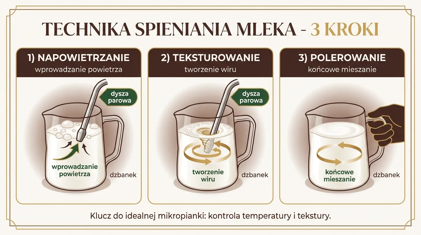 Technika spieniania mleka — 3 kroki: napowietrzanie, teksturowanie, polerowanie