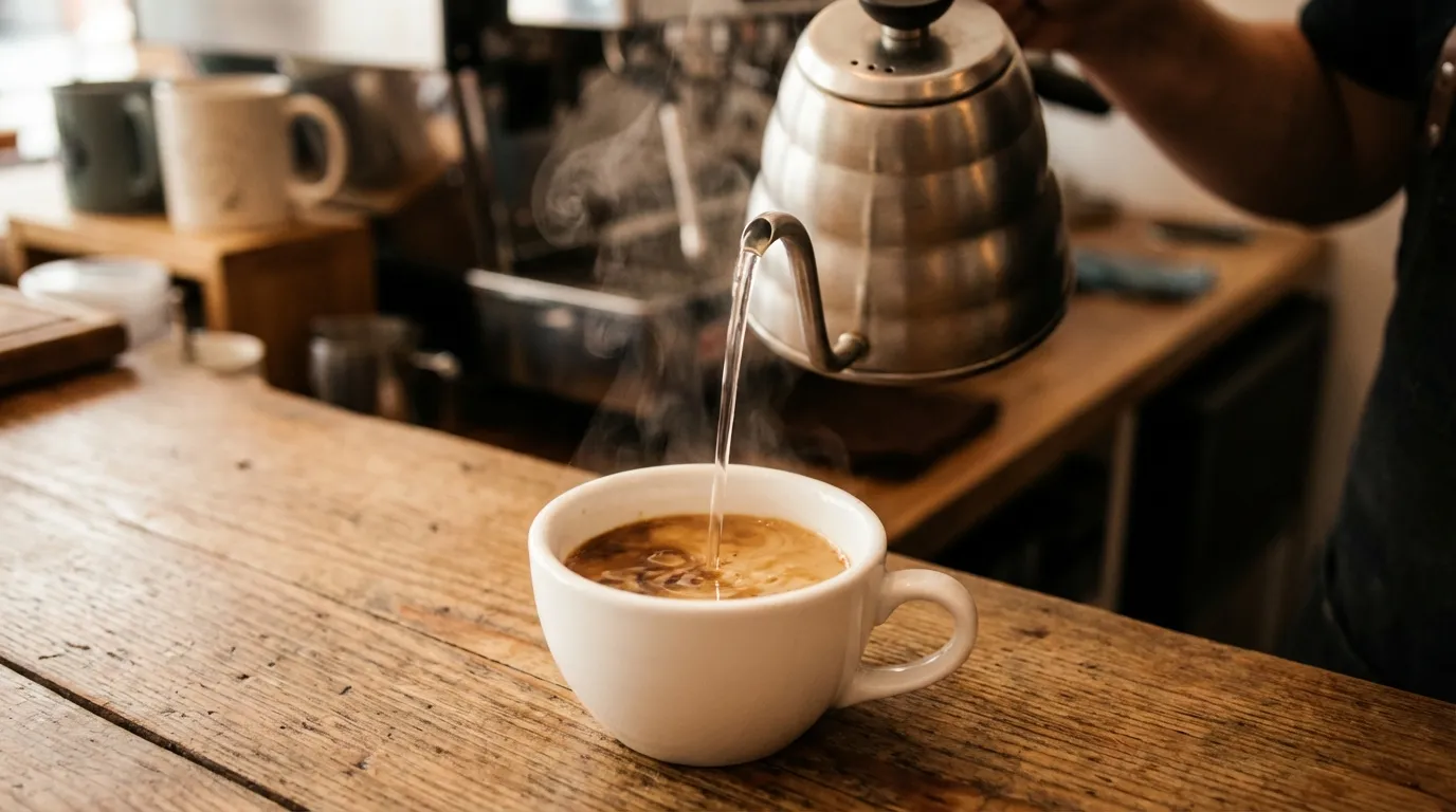 Parzenie americano — wlewanie gorącej wody z czajnika do filiżanki z espresso