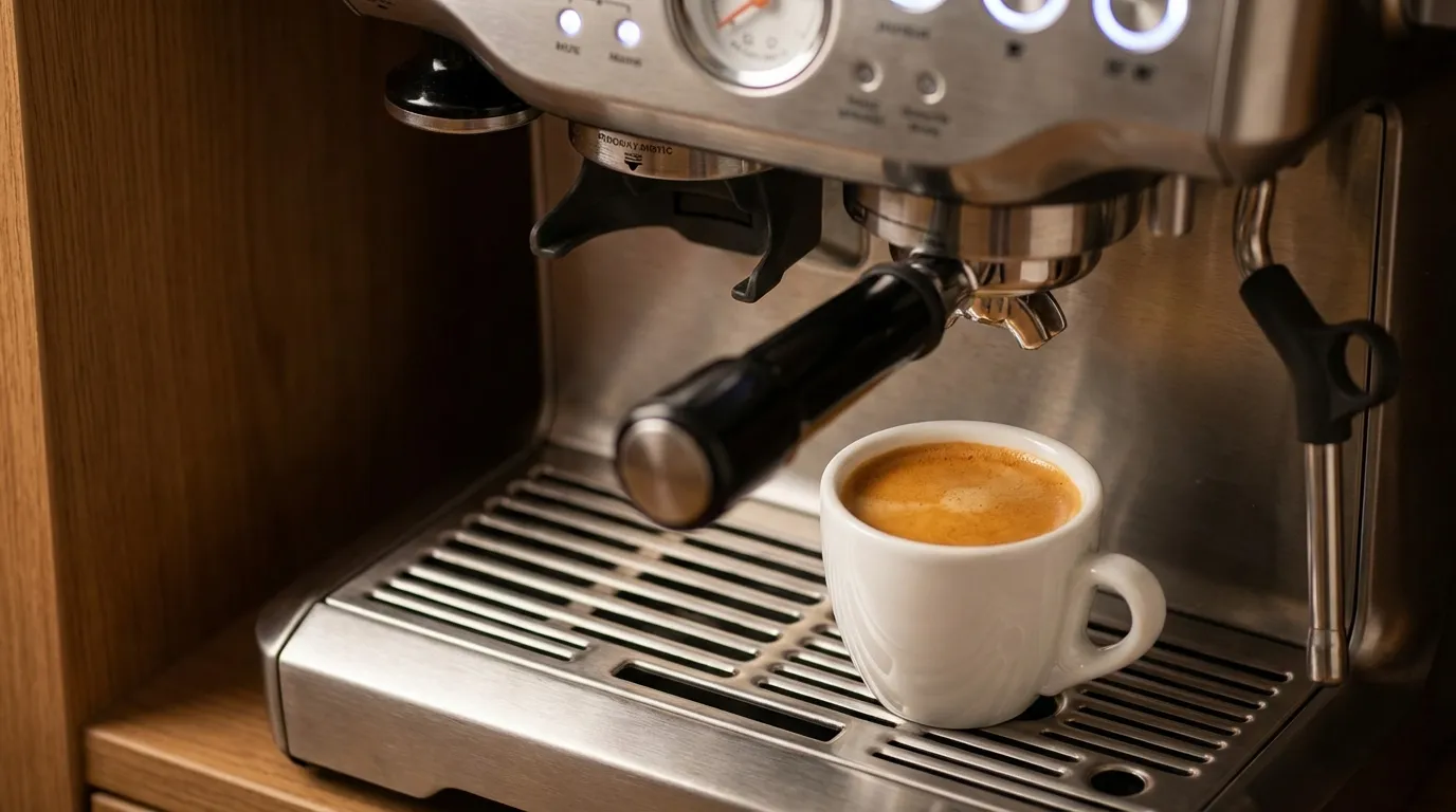Idealne espresso z gęstą cremą w białej filiżance pod ekspresem