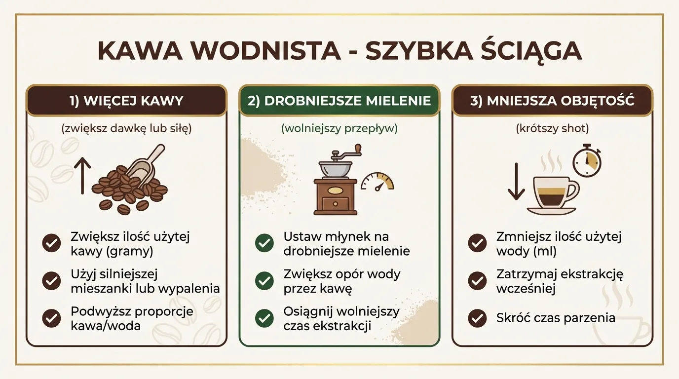 Kawa wodnista — szybka ściąga: mielenie drobniej, siła na MAX, mniejsza objętość