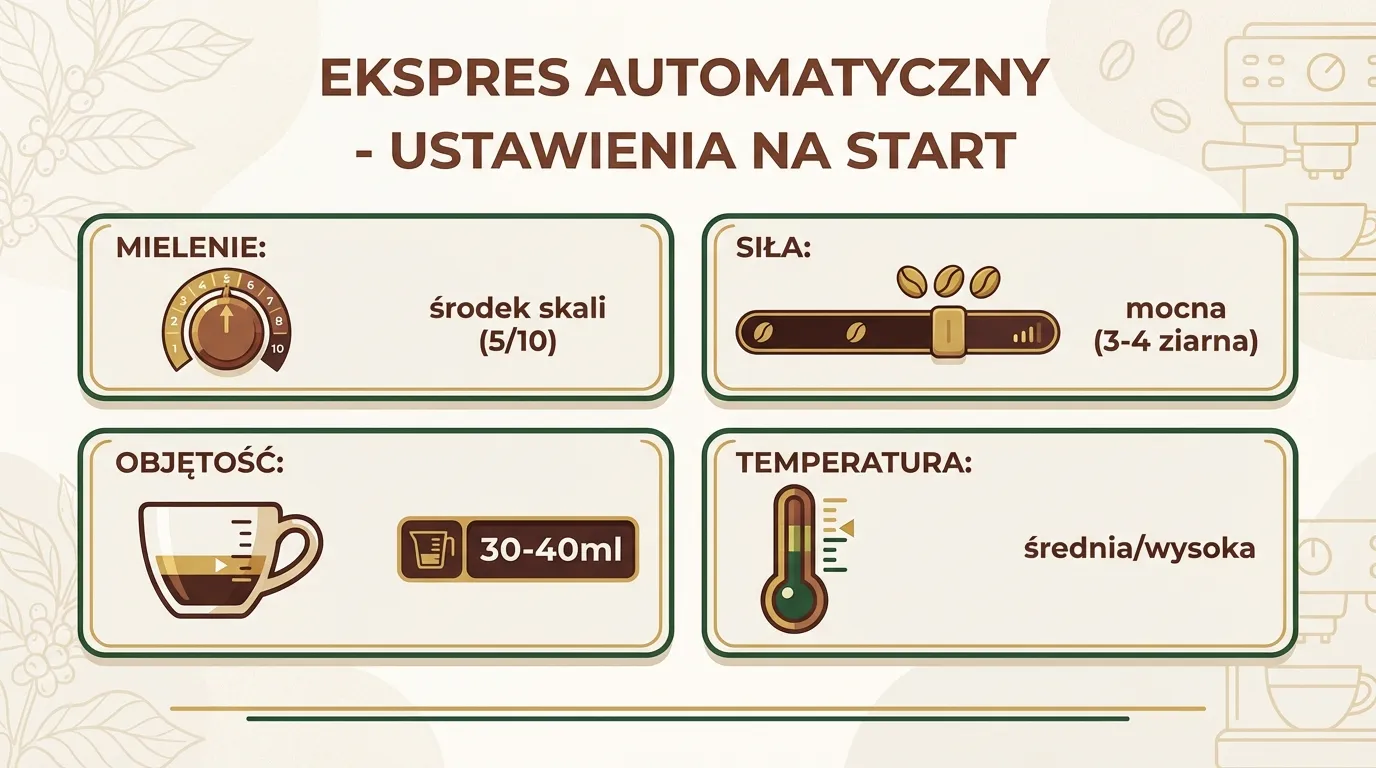 Ustawienia startowe ekspresu automatycznego — mielenie, siła, objętość, temperatura