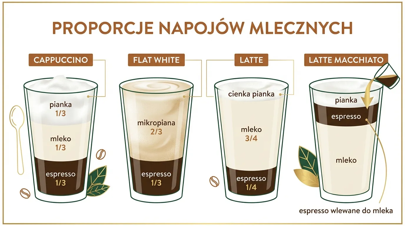 Rodzaje napojów mlecznych — cappuccino, flat white, latte, cortado — proporcje i różnice